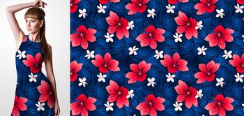 33246v Materiał ze wzorem tropikalne czerwone kwiaty (hibiskus) i niebieskie liście na ciemnym tle